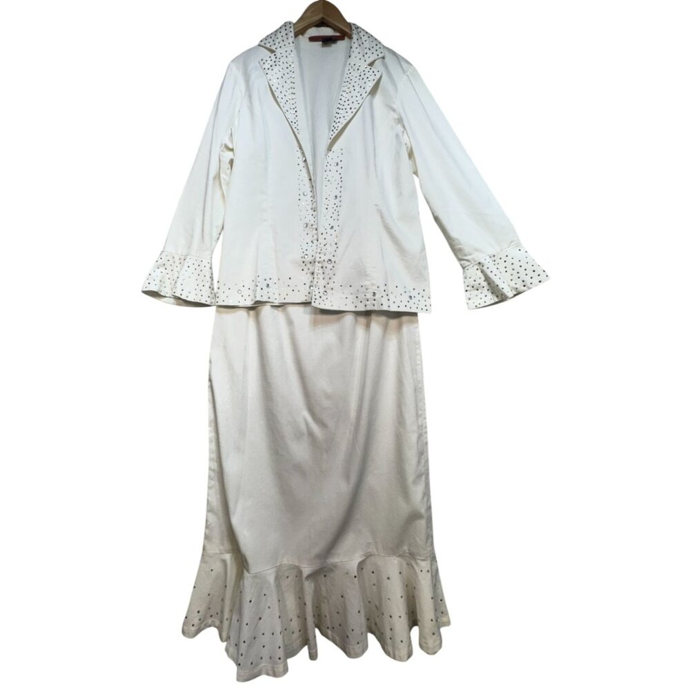 Vintage Devine Denim NY Womens Western Beaded Skirt Blazer Set Size 14 White